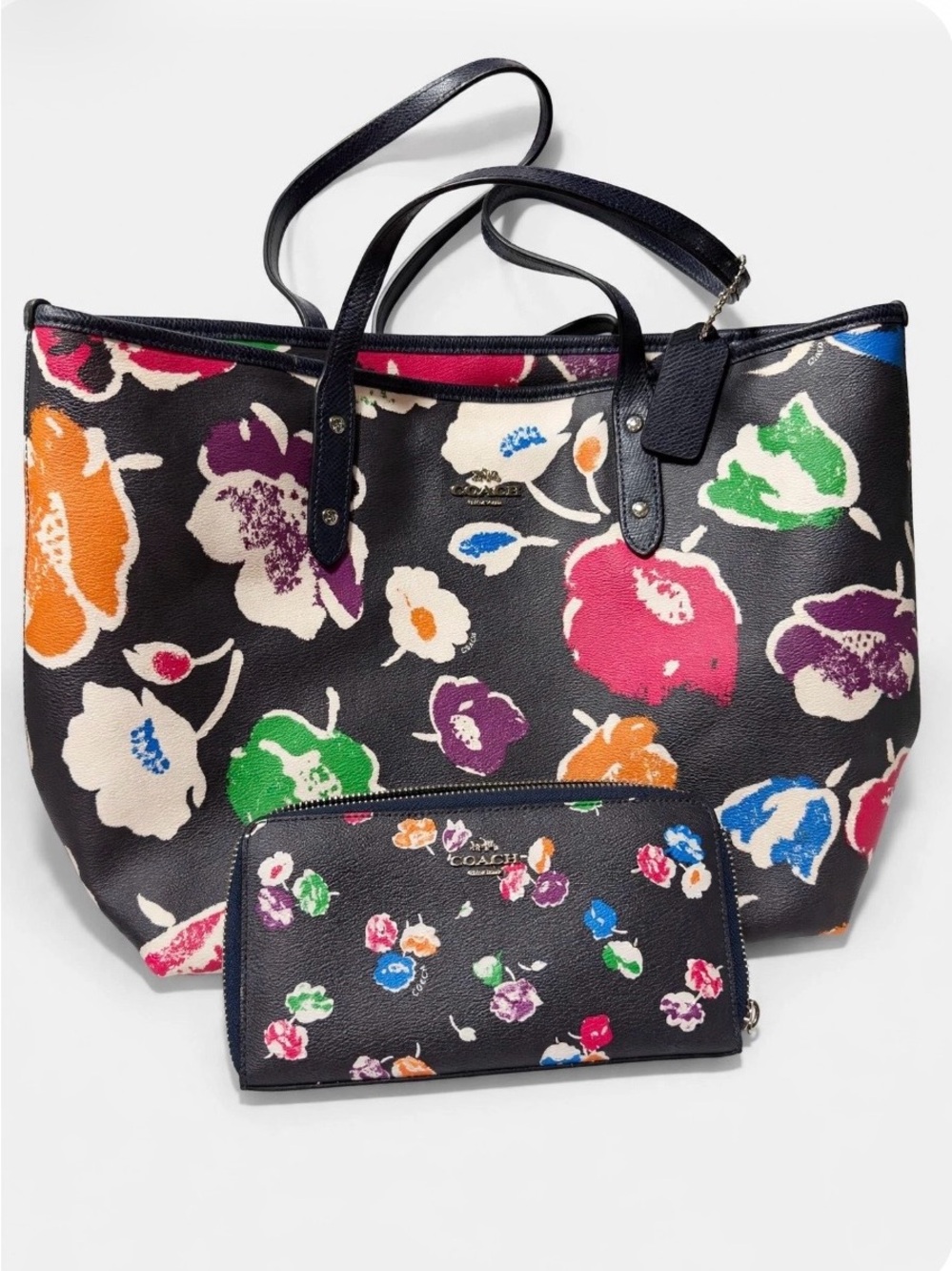 Coach Black Floral Multicolor Leather Tote - Picture 2 of 3